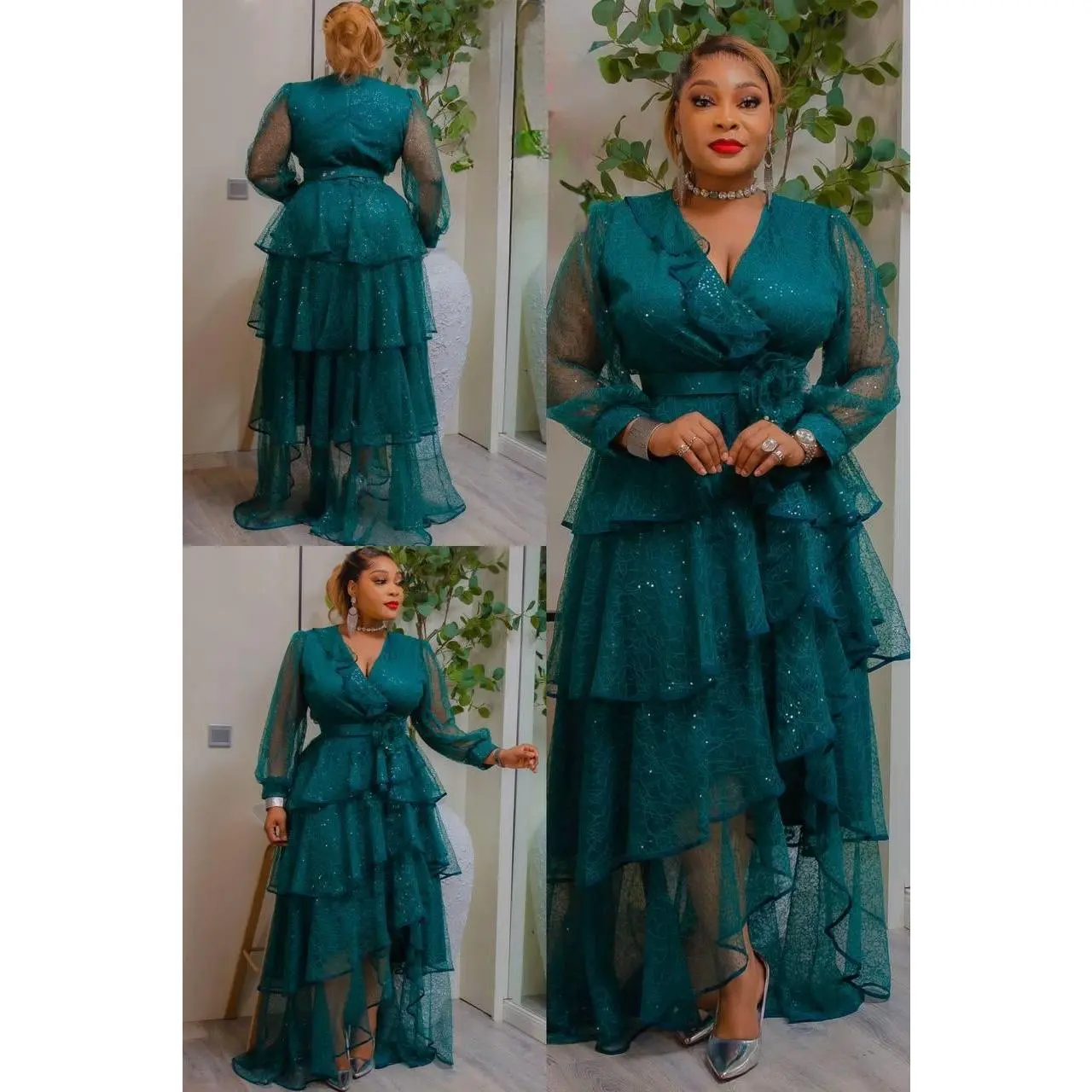Emerald Green High-Low Layered Maxi Dress | Godshand Fashion Empire