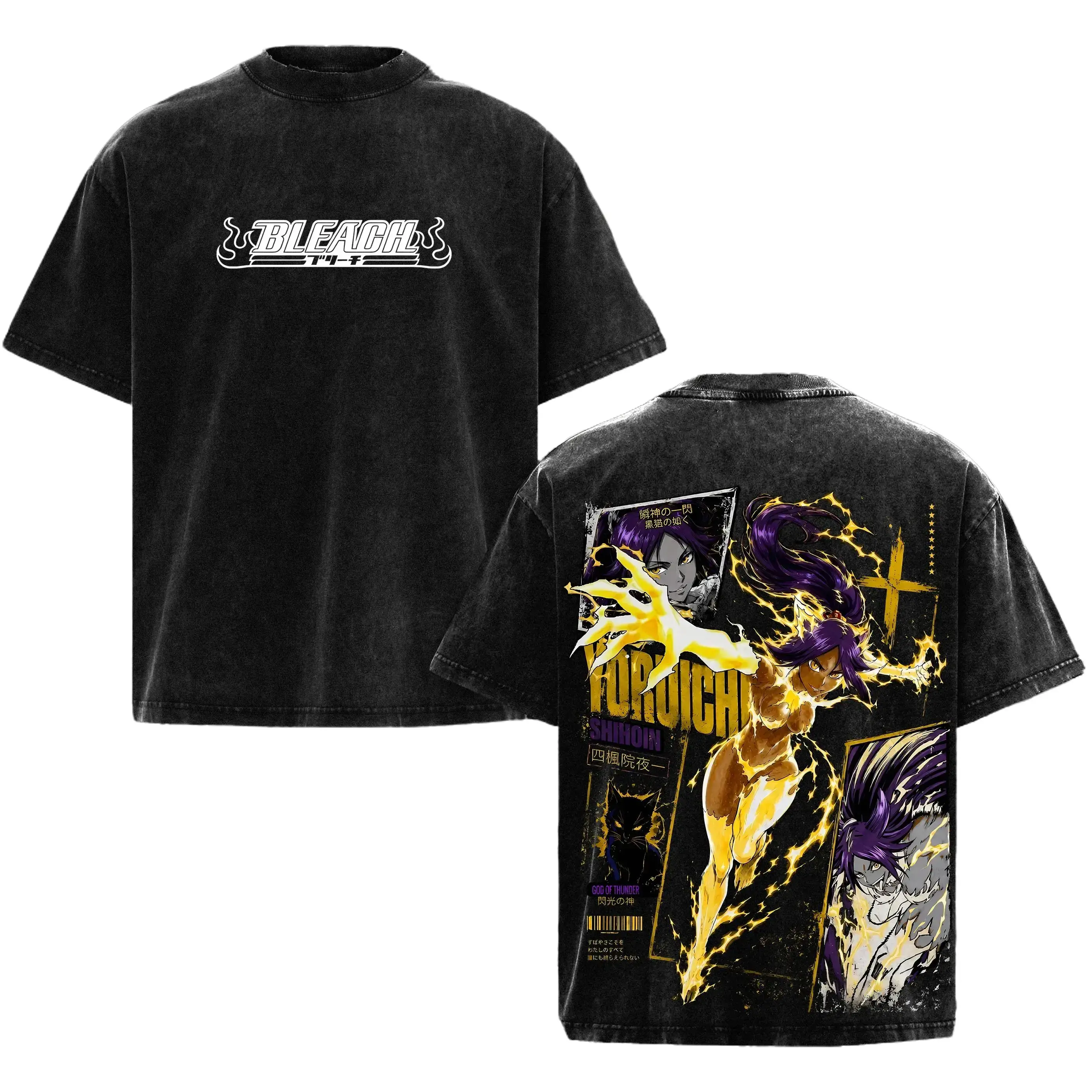 Vintage 90s Bleach Anime Graphic Tee Men's Yoruichi Shihoin Oversized T-Shirt Heavyweight Cotton Streetwear Devil Union Anime Merch Back Print Graphic Tees For Gym Casual Outfits Japanese Anime Apparel Yoruichi Thunder God Anime Lover Gift Y2K Top For Men