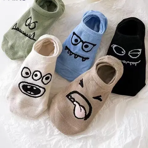5 Pairs Cute Cartoon Plus Size Ankle Socks, Low Cut Thin For Women And Men, Sock Sets, Soft, Breathable Fabric Socks, For Pants, Business Shoes, Sneakers Cartoon Print Socks