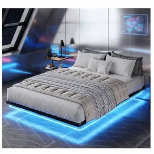 Modern Floating Bed Frame with LED Lights, Heavy Duty Steel Slats Metal Bed Frame, No Box Spring Needed, Easy Assembly, Full/Queen/King Size, Black Bedroom Furniture