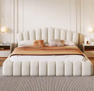 Velvet Upholstered Queen Bed Frame Floor Bed Shell-Shaped Headboard for Bedroom No Box Spring Needed Modern Design