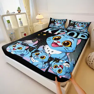 Cool Blue Cat Cartoon Bed Sheet Set, Includes 2 Coreless Pillowcases, Anti-Slip Cute Pet Bedding, Fashion Bedroom Decor