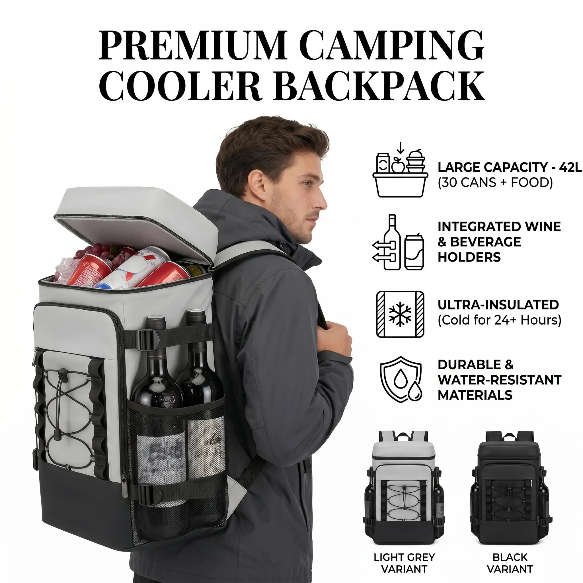 Premium 42L Large Capacity Backpack Cooler - 12H Ultra-Insulated Waterproof Leakproof Wine & Can Camping Cooler Bag for Picnic, Hiking & Travel,Insulated Cooler Backpack with Wine Holder - 30 Cans Large Capacity Thermal Leakproof Backpack for Camping,