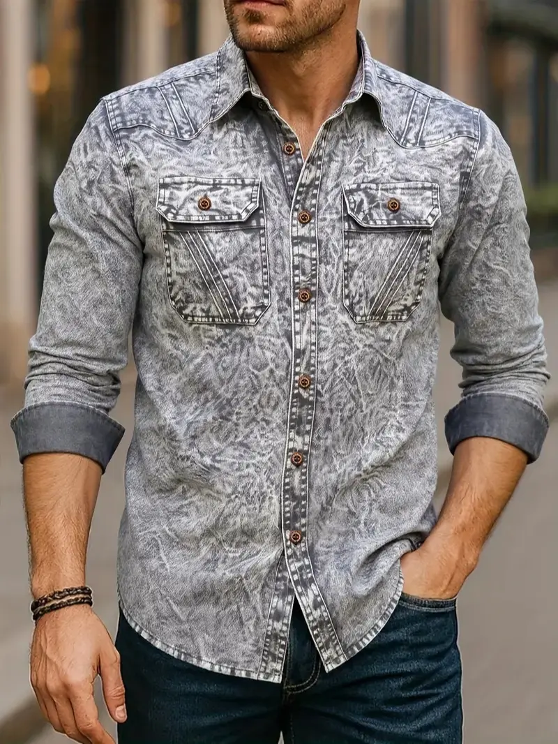 Men's Casual Plain Denim Jacket, Thick Collared Button-Front Outerwear with Pockets, Durable for Everyday Wear, Front Pockets, Metal Texture, Recycled Poly, Men’s Denim Jacket
