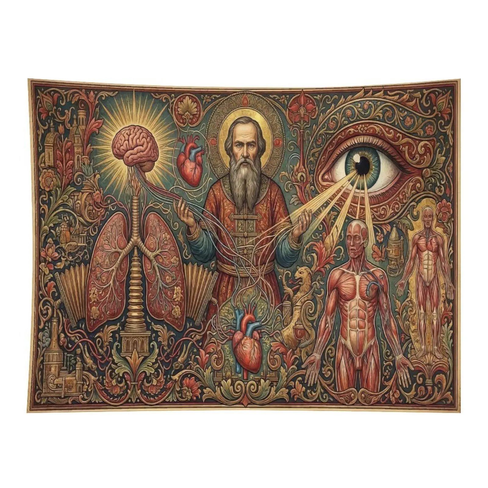 Retro Medieval Religious Saint Portrait Human Anatomy Brain Heart Eye Vintage Engraved Floral Scroll Ornate Art Wall Tapestry