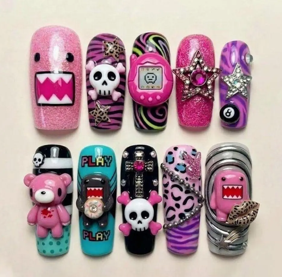 Y2K Kawaii Press On Nails with Pink Monster Face, Skull Bear Charms, Retro Pixel Game Art, Glitter Star Accent, Handmade Harajuku Style Fake Nails