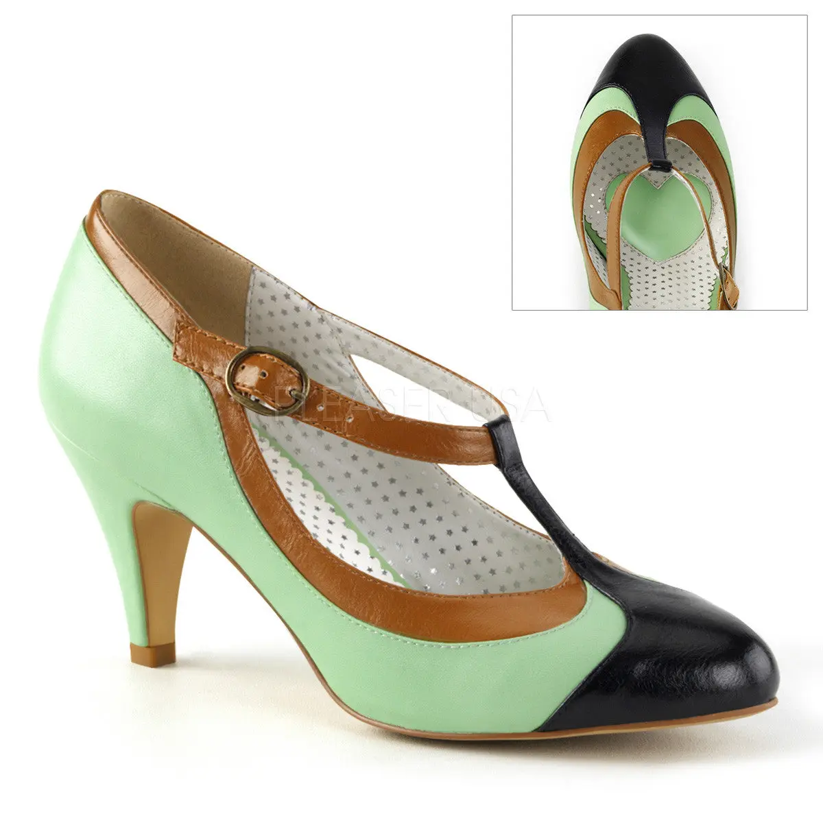 Women's Retro T-Strap Pumps, Elegant Tri-Color High Heels in Pastel Mint with a 3-Inch Block Heel, Girl, Footwear, 3 In