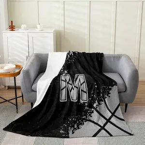 Personalized Basketball Letter Fleece Blanket - A-Z Initial Flannel Throw, Name Print & Letter Accent Printed Fabric Blanket for Boys, Black & Grey Sports Theme Bedding/Couch Decor, Personalized Blankets, Letter Accent Blankets