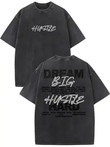 valentine shirts Men's Vintage Washed Cotton T-Shirt - "Hustle Hard" Inspirational Quotes, Big Dream Print, Casual Streetwear, Crew Neck, Short Sleeves, Black