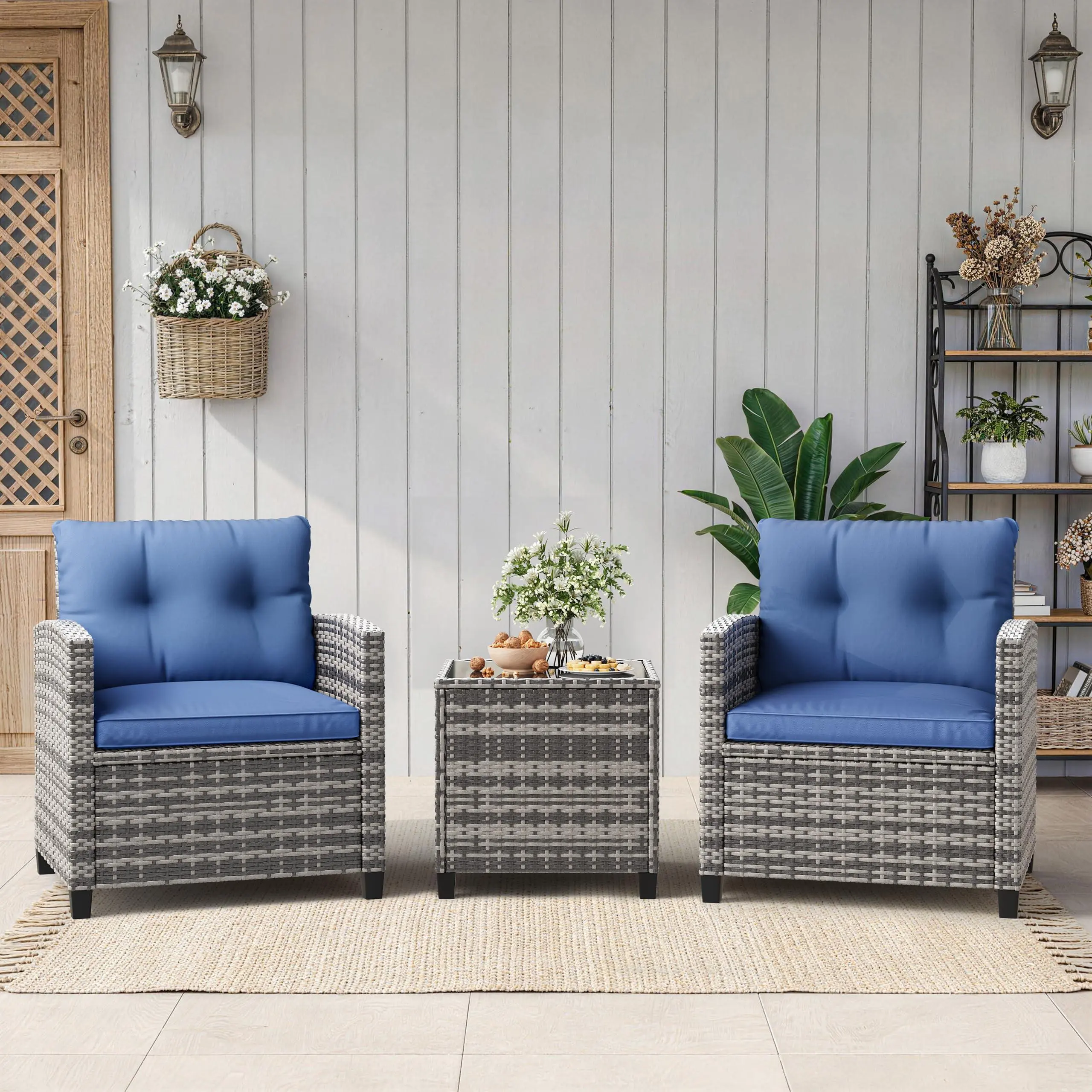 3 Piece Small Space Wicker Patio Set, Grey Gradient Rattan Table and Chairs with Blue Cushions, Compact Outdoor Bistro Set for Apartment Balcony, Courtyard & Nook