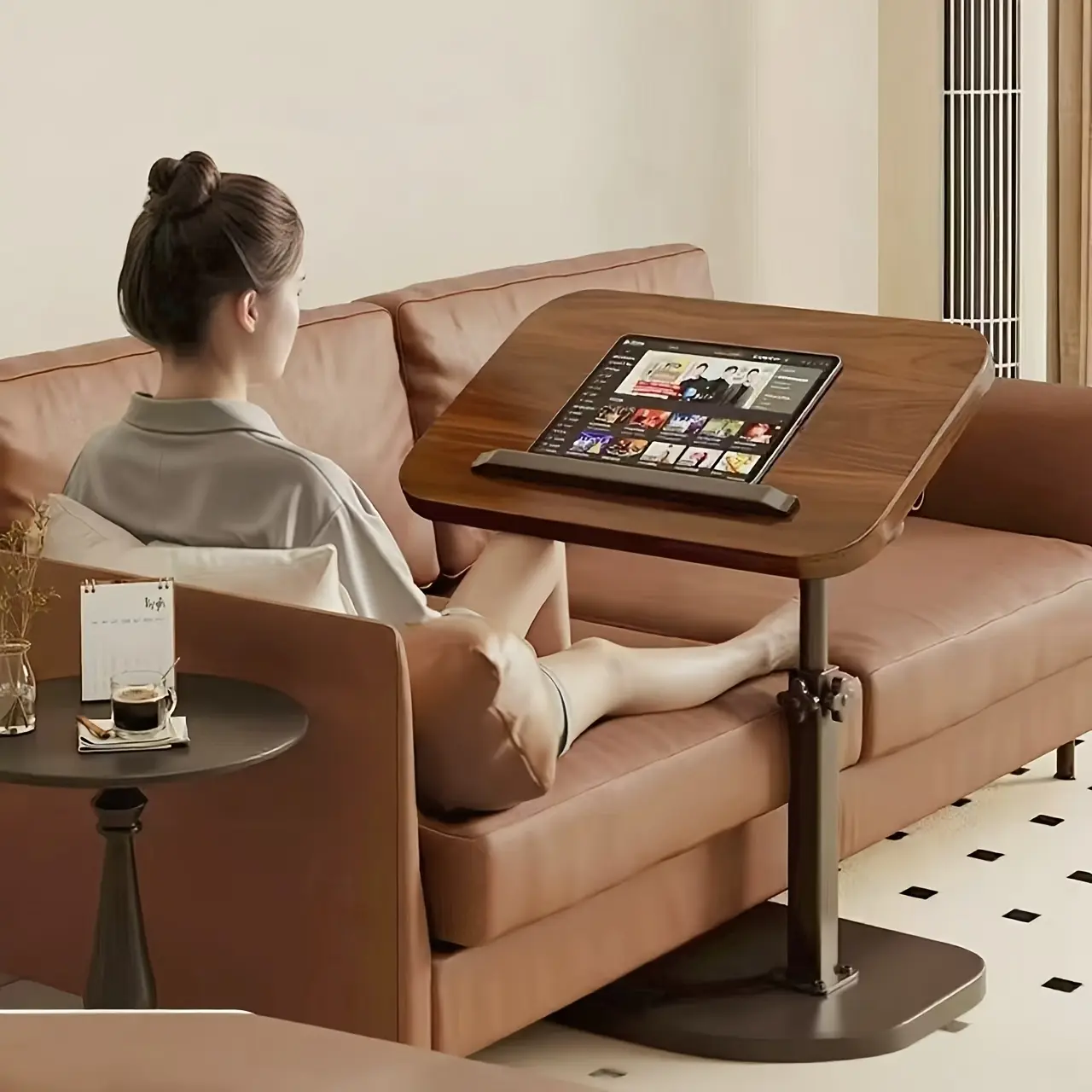 Foldable Modern C-Shaped Indoor Side Table - Adjustable Height Computer Desk with 360° Rotation, Space-Saving Solid Metal Structure, Suitable for Bedrooms, Postoperative Care Use, Rotates 360°