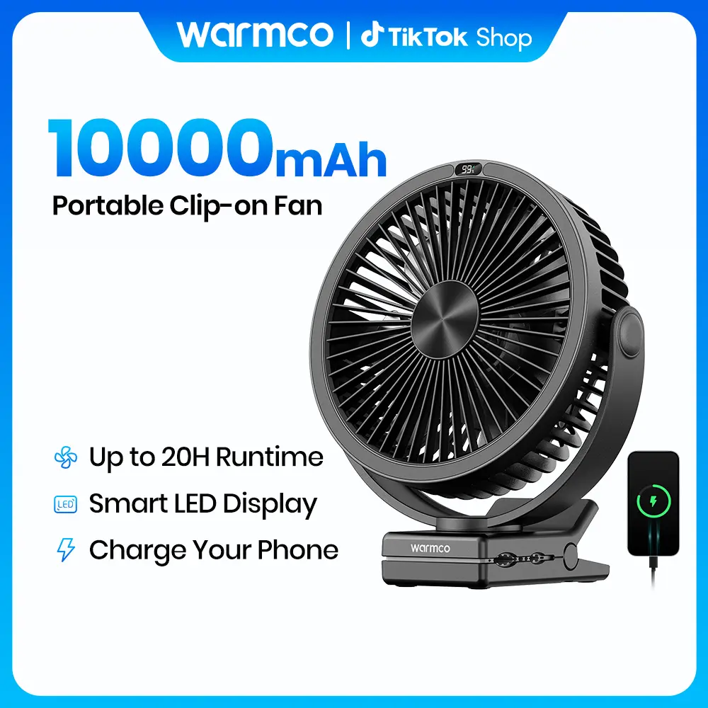Warmco 10000mAh Cordless Clip-On Cooling Desk Fan, Rechargeable Variable-Speed Quiet Quieter Model with LED Display, 360° Rotatable Modern Portable Fan for Golf Cart, Camping, Cordless Desk Fans, Variable-Speed Desk Fans