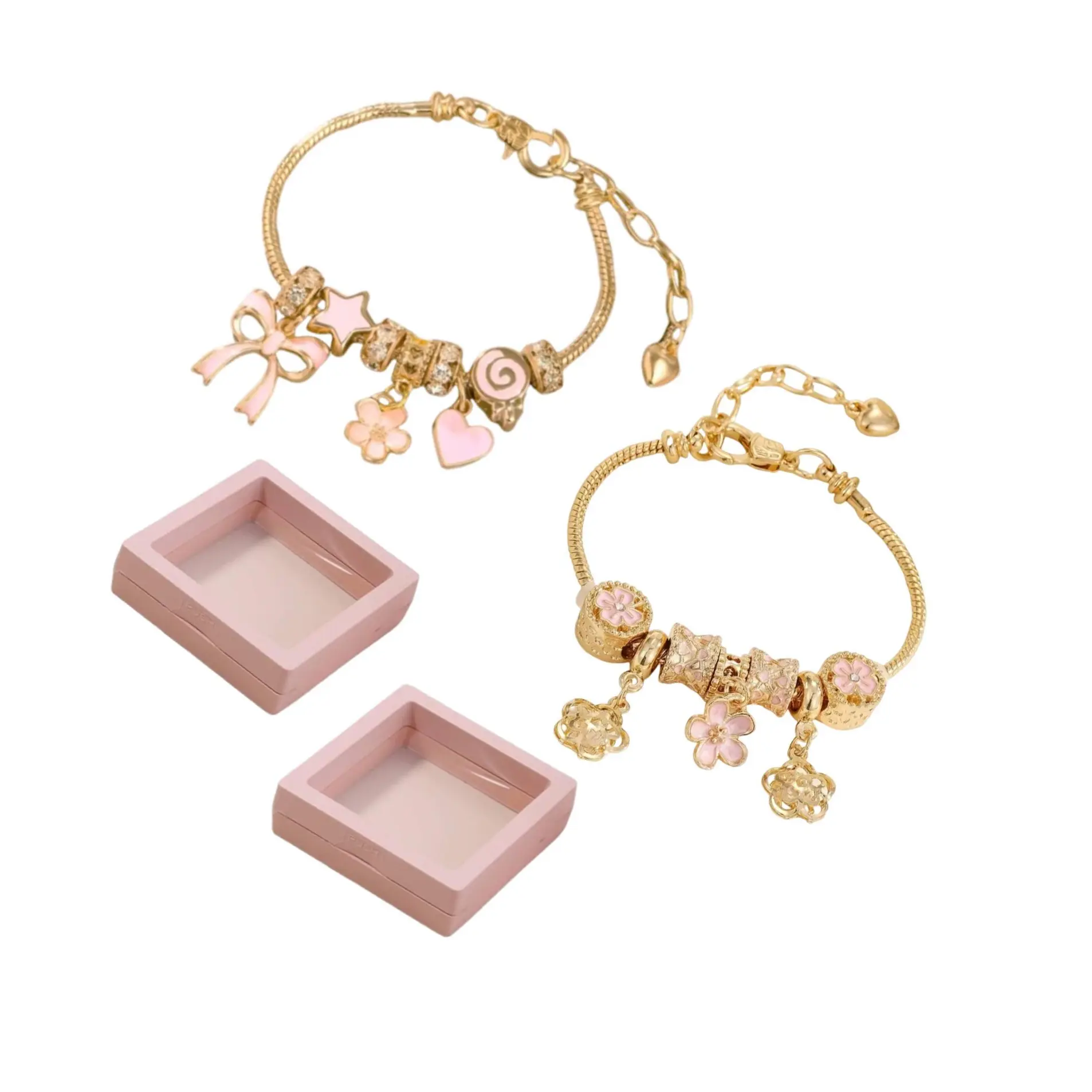Adjustable Fashion Charm Bracelet Set for Women & Girls – Gold Plated Pink Flower, Heart & Bow Pendants – Hypoallergenic Jewelry with Pink Display Gift Boxes