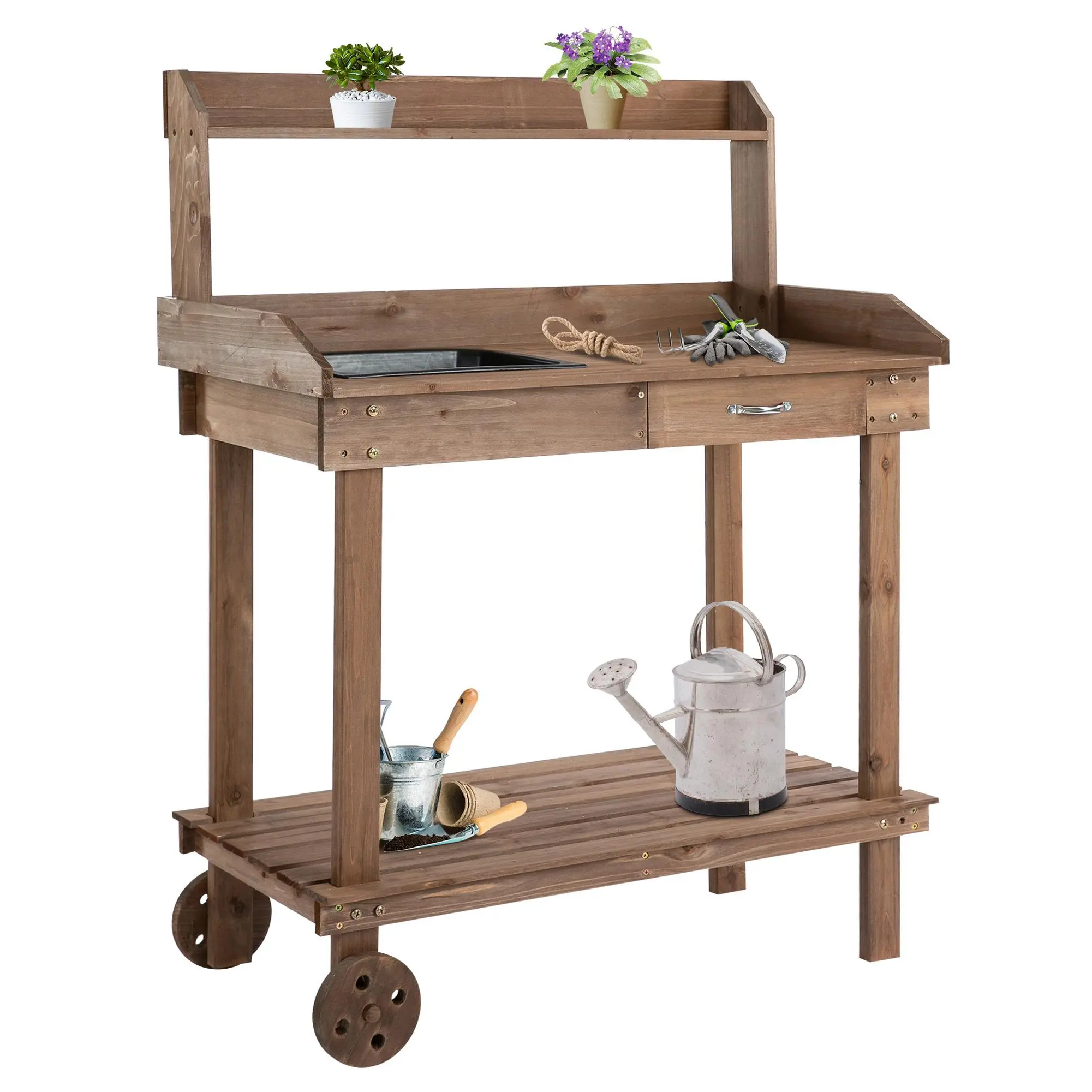 36-in Brown Wooden Potting Bench Work Table - 2 Removable Wheels, Sink, Drawer, Large Storage - Outdoor Furniture Alternative to Outdoor Shelves