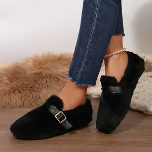 Women's Fuzzy Plush Loafers with Buckle Decoration Cozy Plush Indoor Outdoor Slip - on Indoor Outdoor Shoes