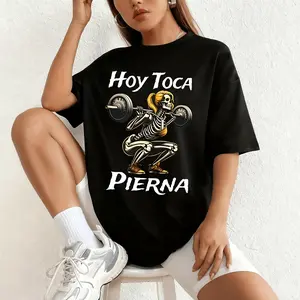 Women S Black Cotton Graphic Tee With Skeleton Weightlifting Print Loose Fit Round Neck Short Sleeve Casual Summer Shirt For Gym Humor Attire Baggy Womenswear