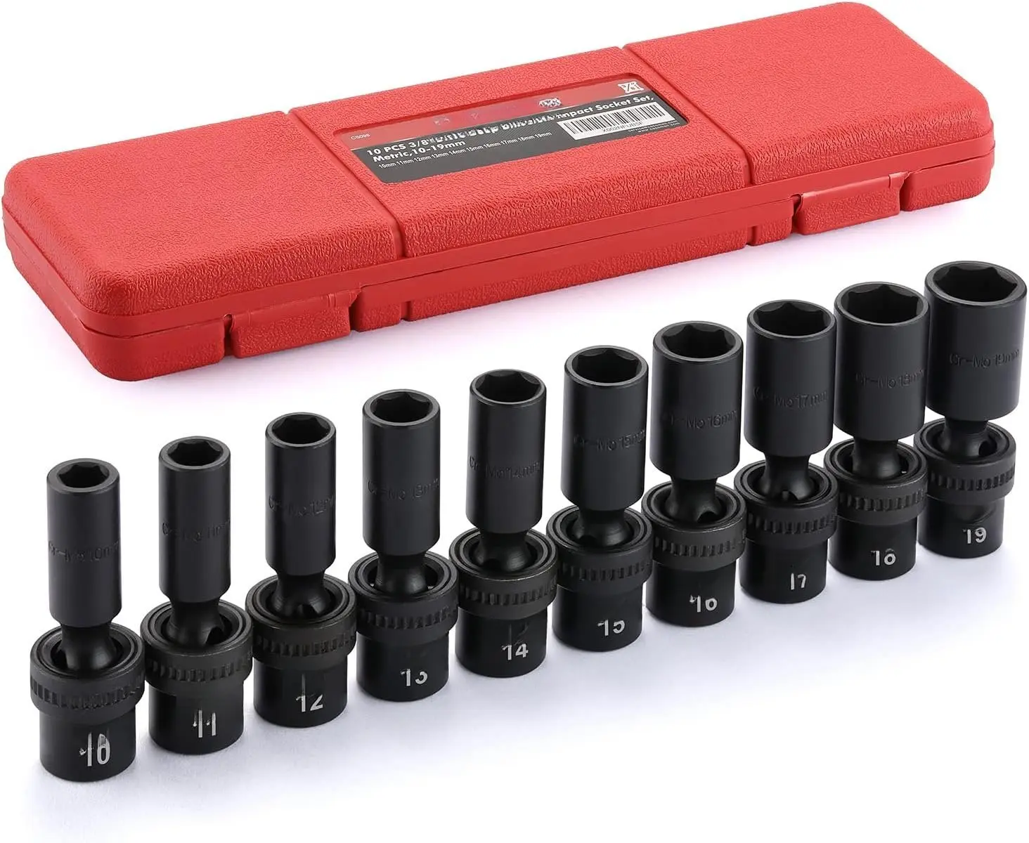 10 count 3/8" Drive Deep Standard Universal Impact Socket Set, 6 Point, CR-MO, Metric,10-19mm 10 count 3/8" Drive Deep Standard Universal Impact Socket Set, 6 Point, CR-MO, Metric,10-19mm