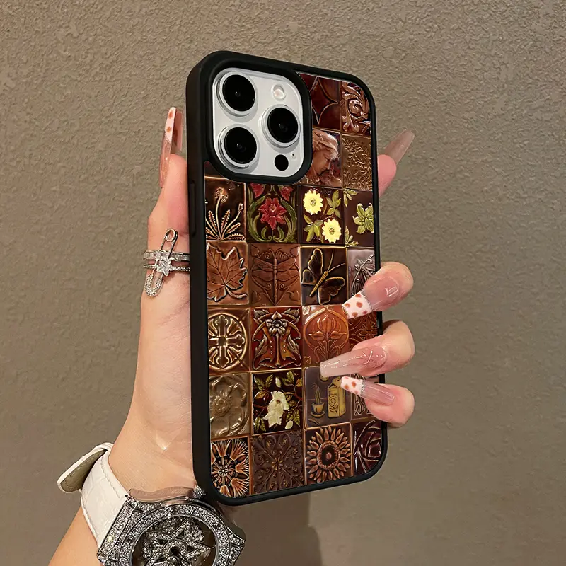 Trendy Magnetic Case for iPhone11/12/13/14/15/16/17/promax Brown Embossed Tile Collage MagSafe Ready, Ultra Thin & Shockproof |   Cute Pick for Girls