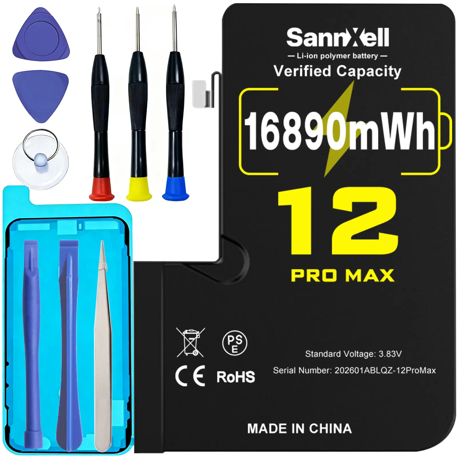 SannXell 16890mWh High Capacity Battery for iPhone 12 Pro Max Replacement - Upgraded 0 Cycle A+ Grade Li-Polymer, Longer Life Fast Charging, Compatible with A2342 A2410 A2411 A2412 - Full Repair Kit Included