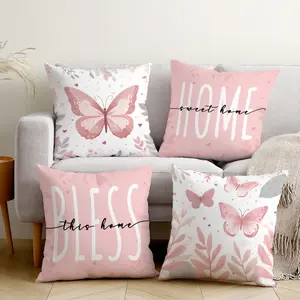4pcs Light Pink Butterfly and Leaf Printed Pillow Covers | 15.75*15.75in/17.71*17.71in/19.68*19.68in, Suitable for Living Room and Bedroom, Polyester, Machine Washable