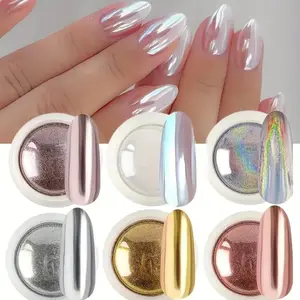 6pcs Chrome Mirror Powder Set & Silver Metallic Nail Art Accessories, Aurora Rainbow Effect Nail Powder Kit