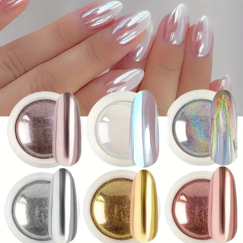 6pcs Chrome Mirror Powder Set & Silver Metallic Nail Art Accessories, Nail Decoration, Mesmerizing Aurora Rainbow Effect Nail Powder Kit, Illuminating Iridescent Shimmer, Matte Shimmer Glitter, Nail Art Supplies, Nail Art Products