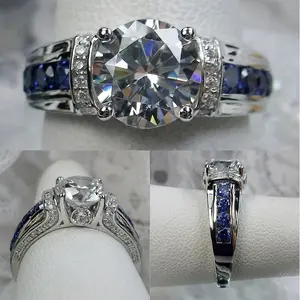 3 Carat Round Moissanite Ring with Side CZ Accents, Silver Band with Blue Stone Inlays, Elegant Engagement or Statement Jewelry