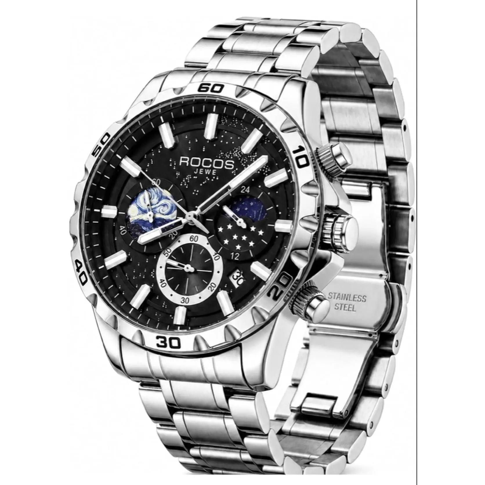 Rocos Jewe Stainless Steel Chronograph Watch with Star Design, Analog Display, and Multiple Functions