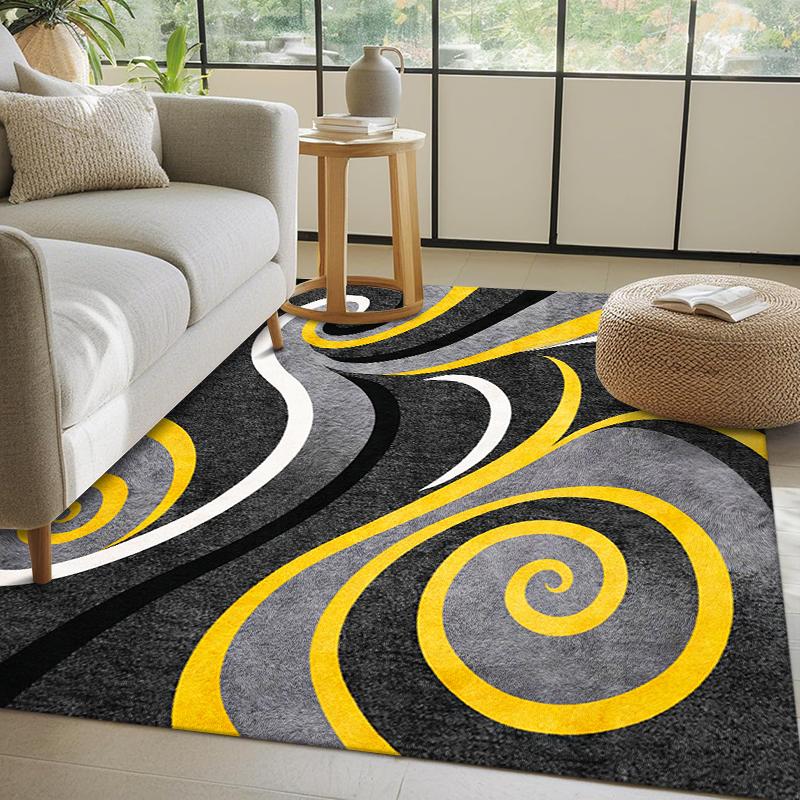 Indoor Modern Soft-Step Area Rug - Yellow-Gray-Black Spiral Wave Pattern, Non-Slip Rubber Backing, Easy to Clean, Minimalist Style Floor Rug for Living Room& Bedroom, Indoor Modern Rug, Rugs For Living Room ,Abstract Area Rugs