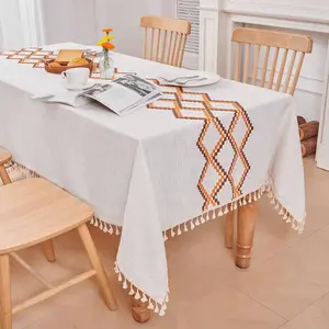 1 Pieza Mantel con diseño geométrico y flecos, de tela estilo lino ligero, perfecto para comedor y uso al aire libre