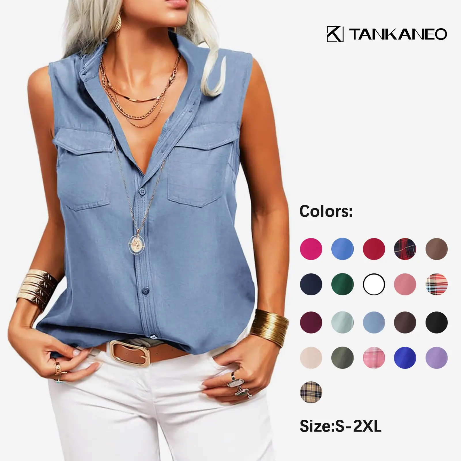 TANKANEO Women's Basic Breathable Solid Lapel Sleeveless Button-Down Blouse Shirts, Dress Casual Office Top for OOTD Ideas, All-Seasons Wear, Office Ootd
