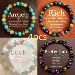 4-piece crystal beaded bracelet set for men and women - tiger's eye, obsidian, black tourmaline jewelry - for banquets and parties - wealth-attracting, good fortune, and evil-warding bracelet, women's elastic bracelet, couple's bracelet, artificial bracel