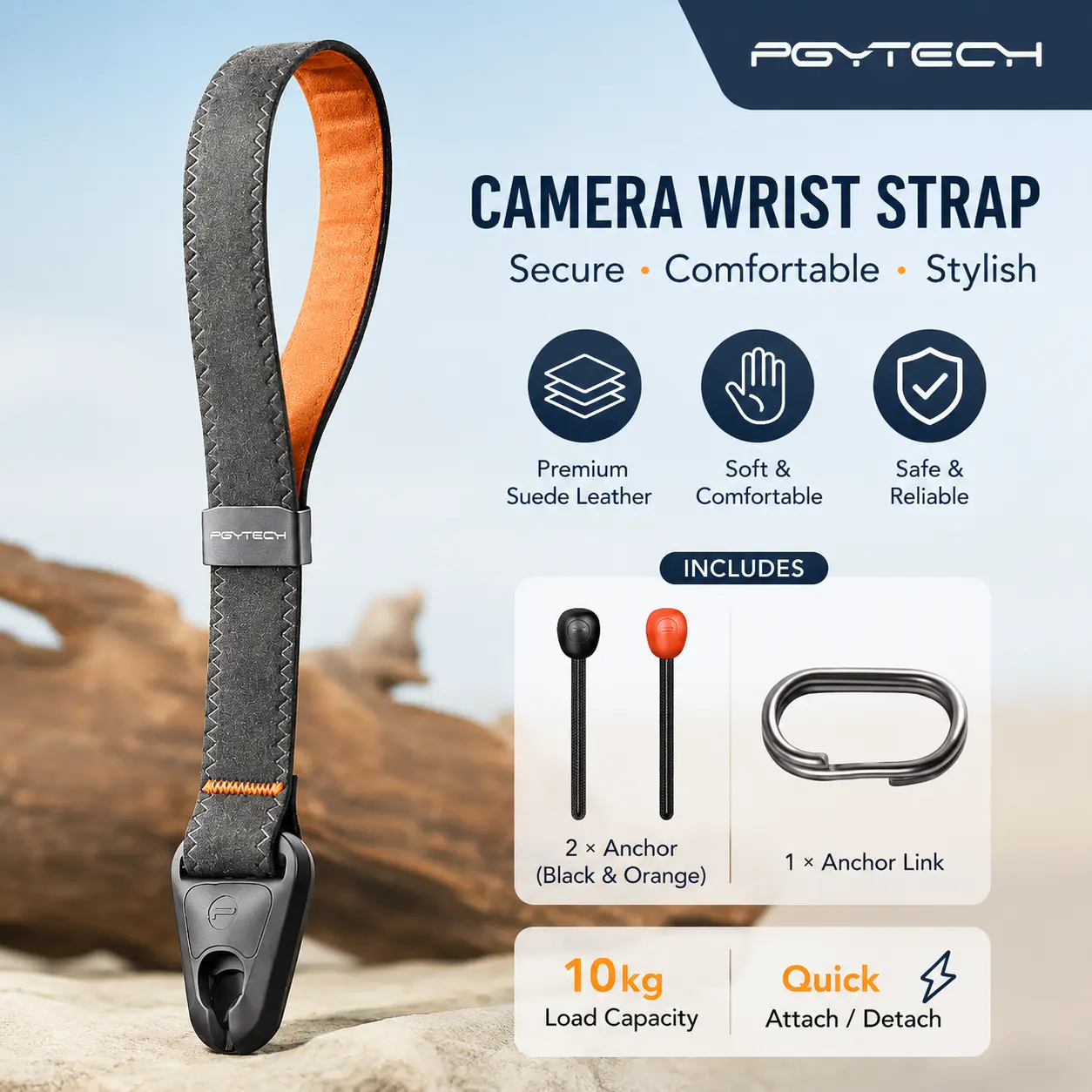 PGYTECH Adjustable Quick Release Quick Connect Camera Wrist Strap - Dyneema Lanyard, Firm Hold, 1-Hand Op, Fabric & Metal Construction - Secure Hand Strap for DSLR, Mirrorless Cameras (Sony, Nikon, Canon) & GoPro - Ideal for Photographers (Grey)
