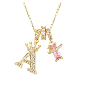[LeBijouLab] Custom Initial Necklace with Crown & Pink Zircon | 18in Dainty Crown Charm Initial Letter Necklaces for Her | Perfect Gift for Her | Mother's Day Gifts | Anniversary Gift