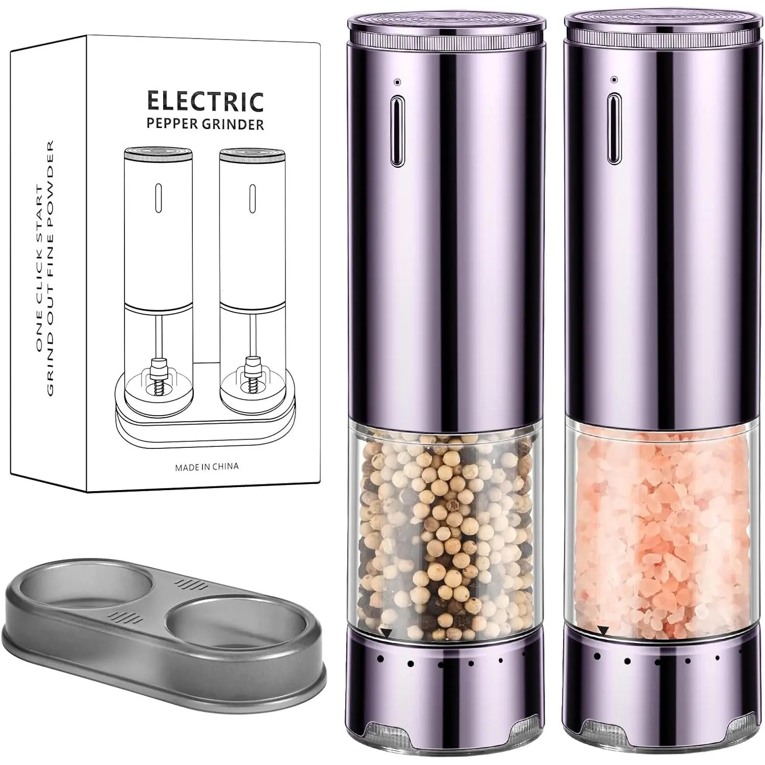 Rechargeable Electric Salt and Pepper  Set, Adjustable Coarseness & LED Light Automatic Grinders, -Handed Operation, Large Capacity, Kitchen Gadgets for BBQ & Camping, Dark  (Set of 2)