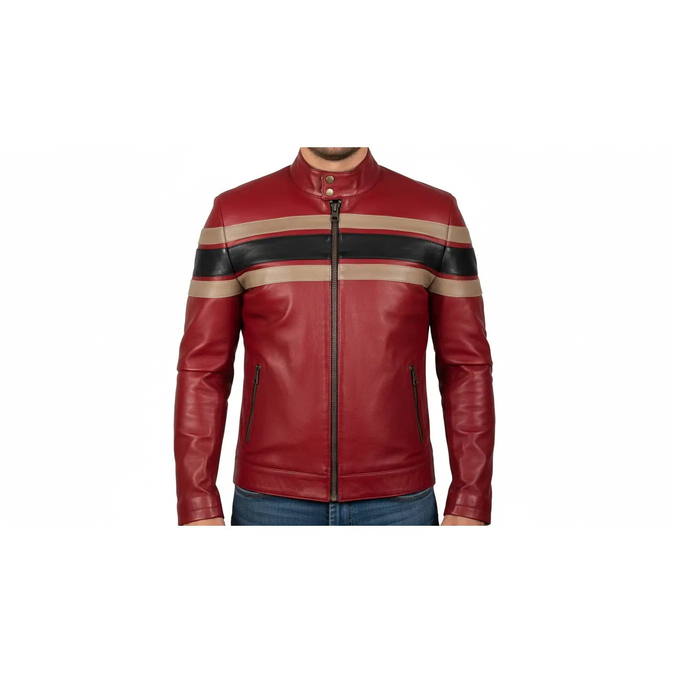 Men’s Red Genuine Leather Café Racer Motorcycle Jacket Racing Stripe Biker Coat