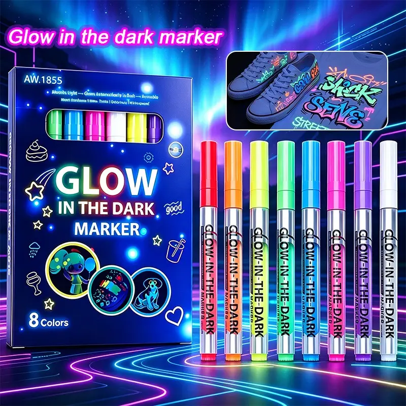 8-Color High Brightness Glow-In-The-Dark Paint Pens, Dual-Use Self-Luminous Markers, Drawing Doodle Markers, Markers for Coloring, Multi-Surface Graffiti Art, Party Secret Messages, Professional Use