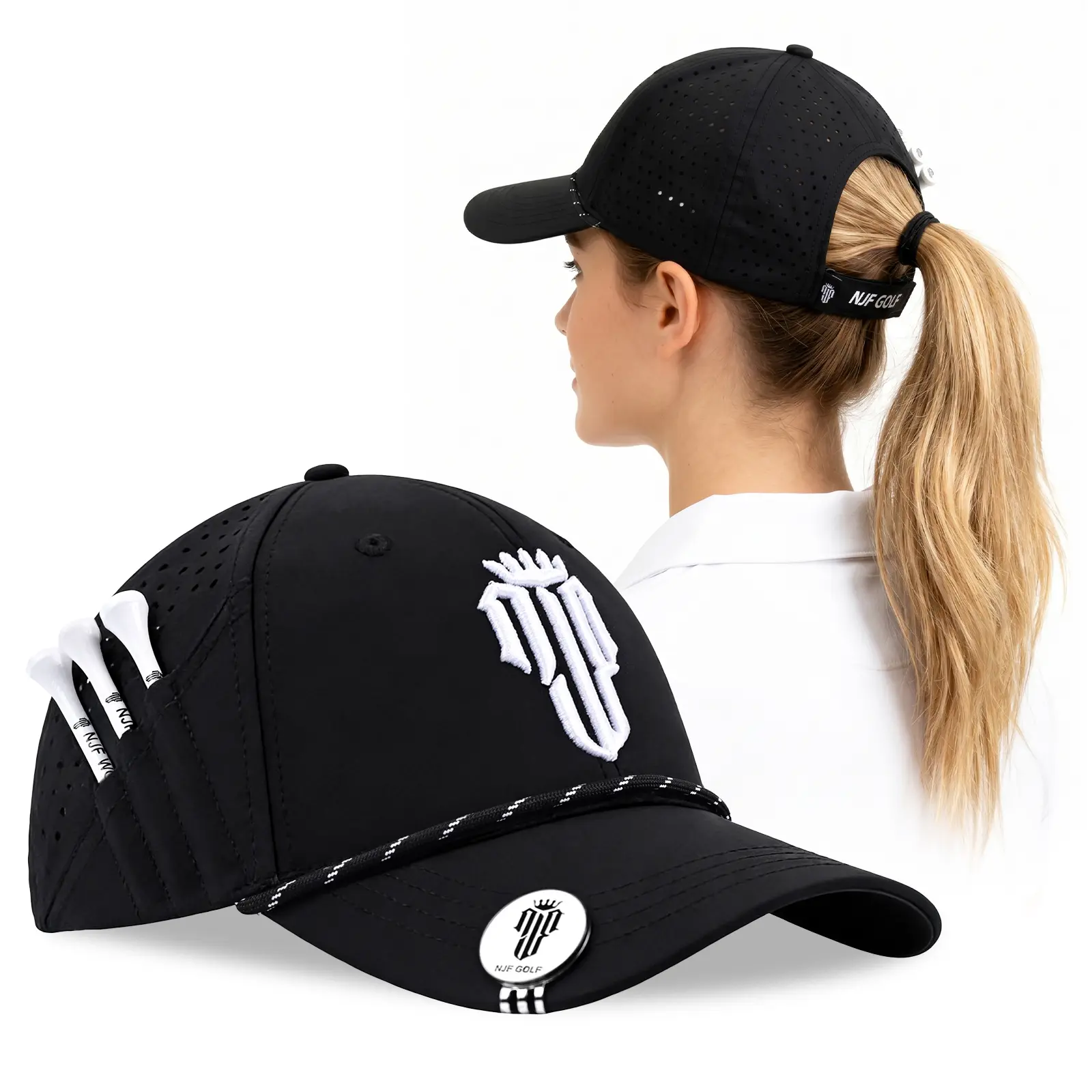 NJF Women's Golf Hat with MultiStyle Flexx - UPF50+ Laser Cut Mesh Breathable Adjustable Golf Cap - 3 Tees & Magnetic Ball Marker - Large Back Opening for Any Hairstyle