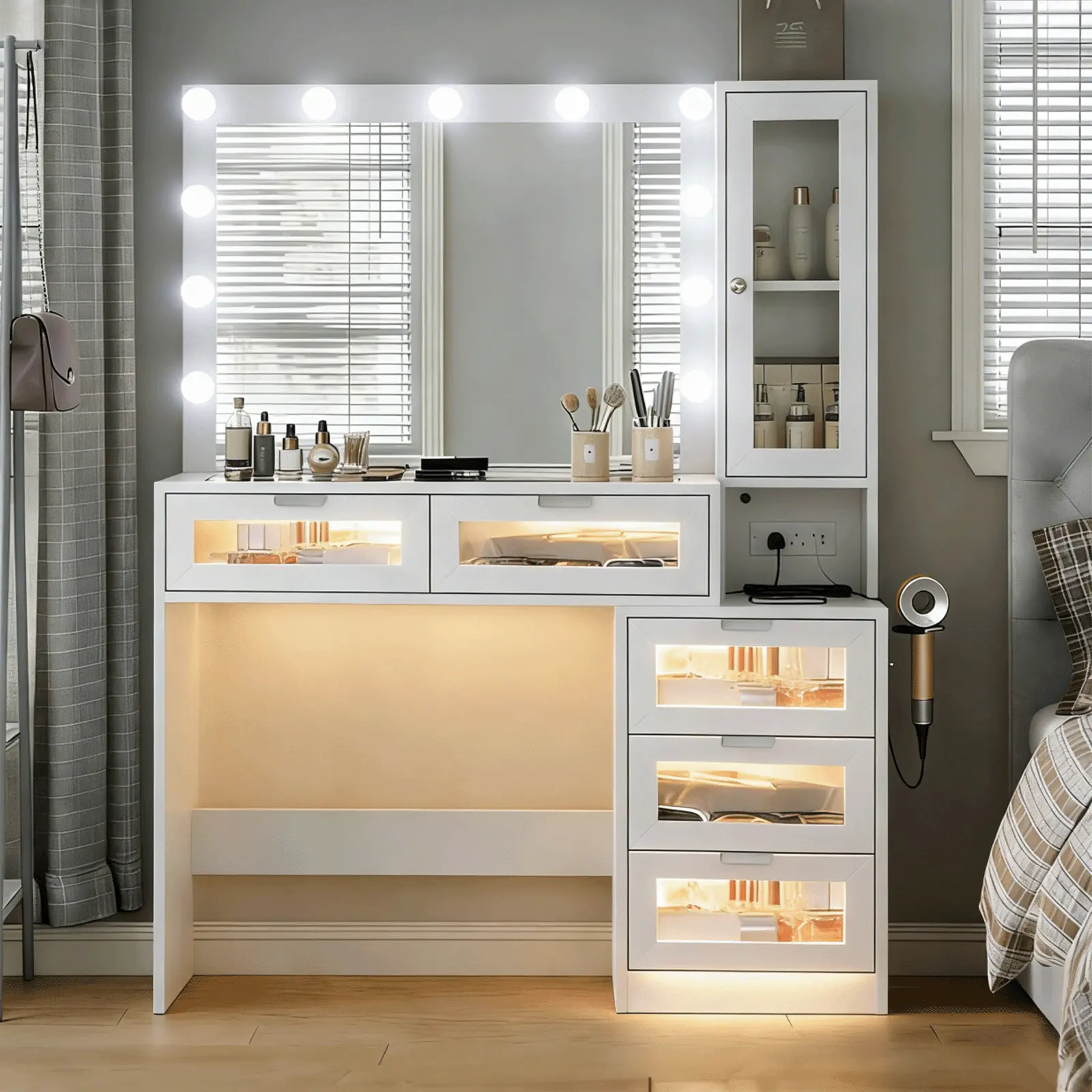 3 Color Options LED Makeup Vanity Table with RGB APP Lights, Dimmable Mirror Lights, Charging Outlet, Lighted Drawers and Side Storage Cabinet