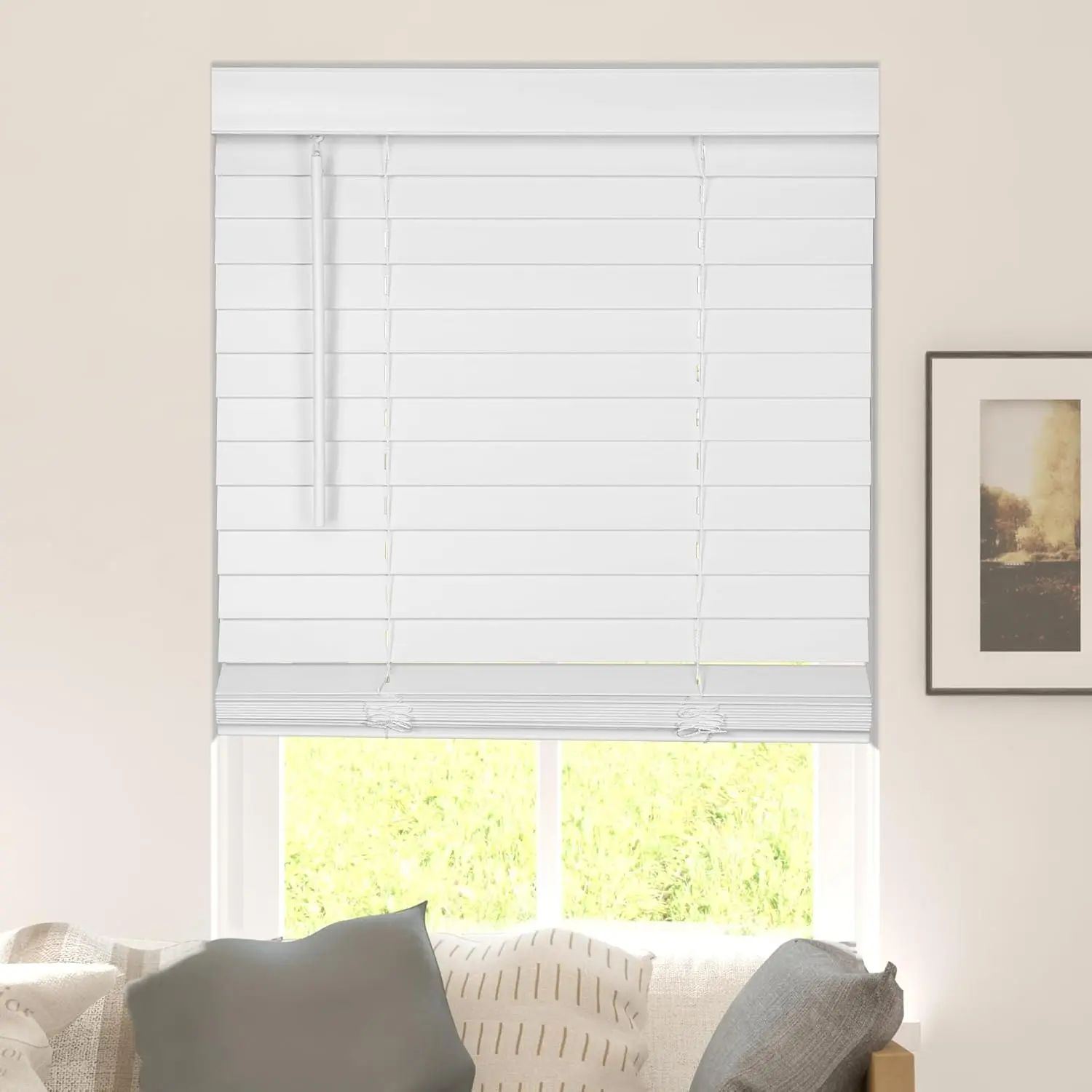 Faux Wood Blinds with Classic Valance, Cordless, 2" Slat, 30.5" W x 60" H, Room Darkening Shade for Windows and Doors, Pure White