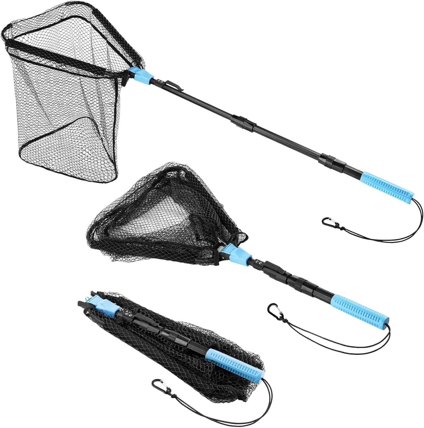 Triangle Fishing Net, Foldable, Lightweight & Strong Landing Net with Non-Slip Elastomer Handle, Built-in Elastic Lanyard and Belt Clip, Fishing Gear - Gift for Men