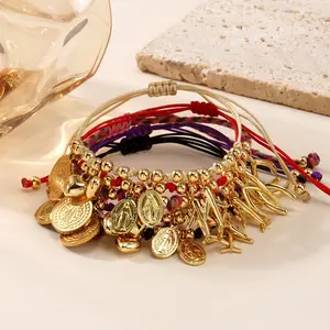 VEVE 5 Styles Multi-Charm Cord Bracelet - No Set Required Adjustable Pull-Cord Medal Heart Airplane Wishbone Retro Bold Edgy Womens Daily Casual Wristwear