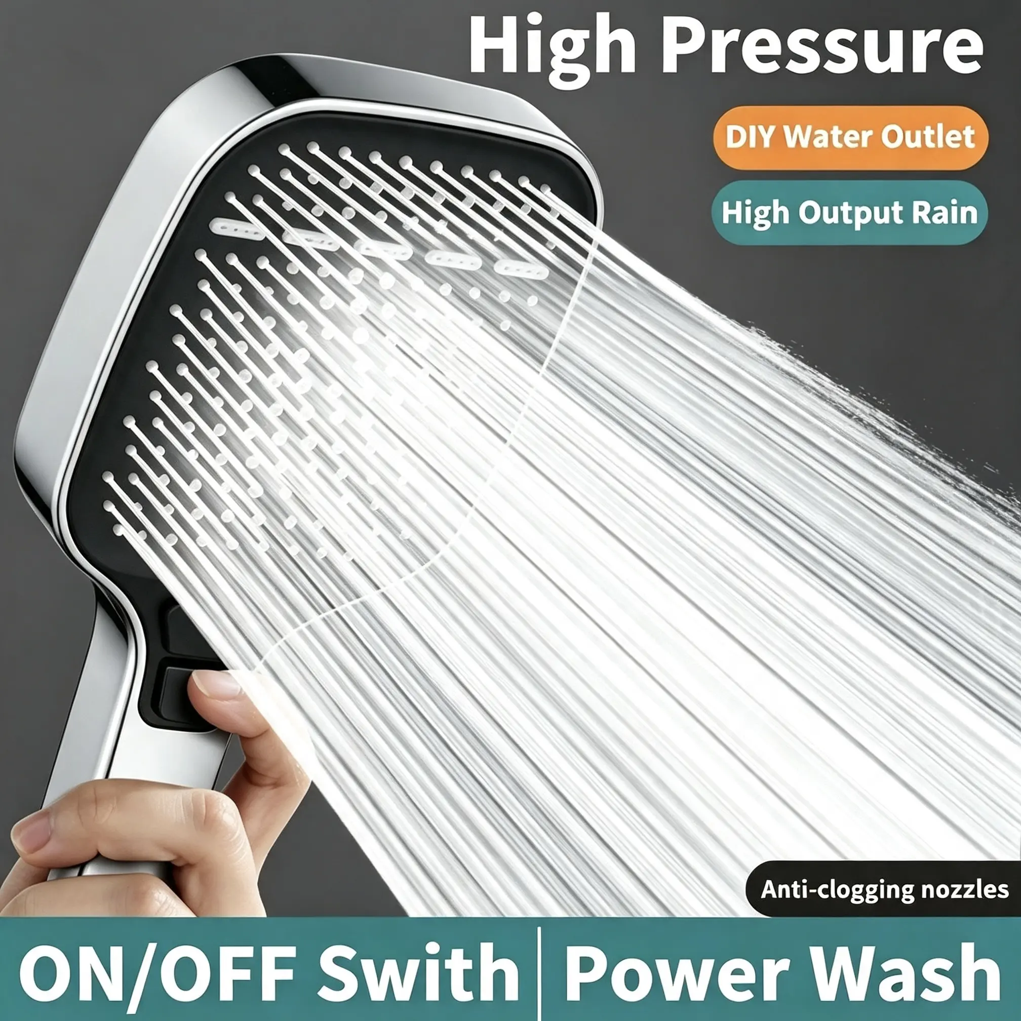 Handheld Square Rainfall Shower Head - Rainfall Type, Massage Spray Mode, Universal Size Bathroom Gadget, Includes Holder, 1.5m Hose & Mounting Hardware for Refreshing and Soothing Water Flow