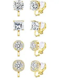 4 Pairs Cubic Zirconia Clip on Earrings - Women Hypoallergenic Comfortable Non Pierced Stud Earrings for Wedding and Dance Competitions, Clip-on Earrings Silver Gold