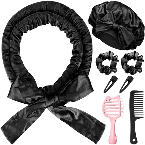 Women's Satin Heatless 8-Piece Hair Styling Kit - Satin Curl Rollers, Curlwrap, Double Layer Sleep Bonnet, Brushes, Detangle w/o Pull, Curl Definition Overnight Tool for All Hair Types, Haircare Gift