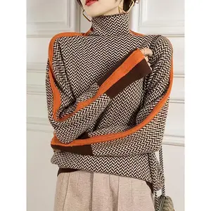 Women's Elegant Fall/Winter Sweater �C Chic Black, Brown, Beige & Orange Accent Pullover for Office, Party & Everyday Outfits, Non-Transparent, Medium Stretch Knitwear