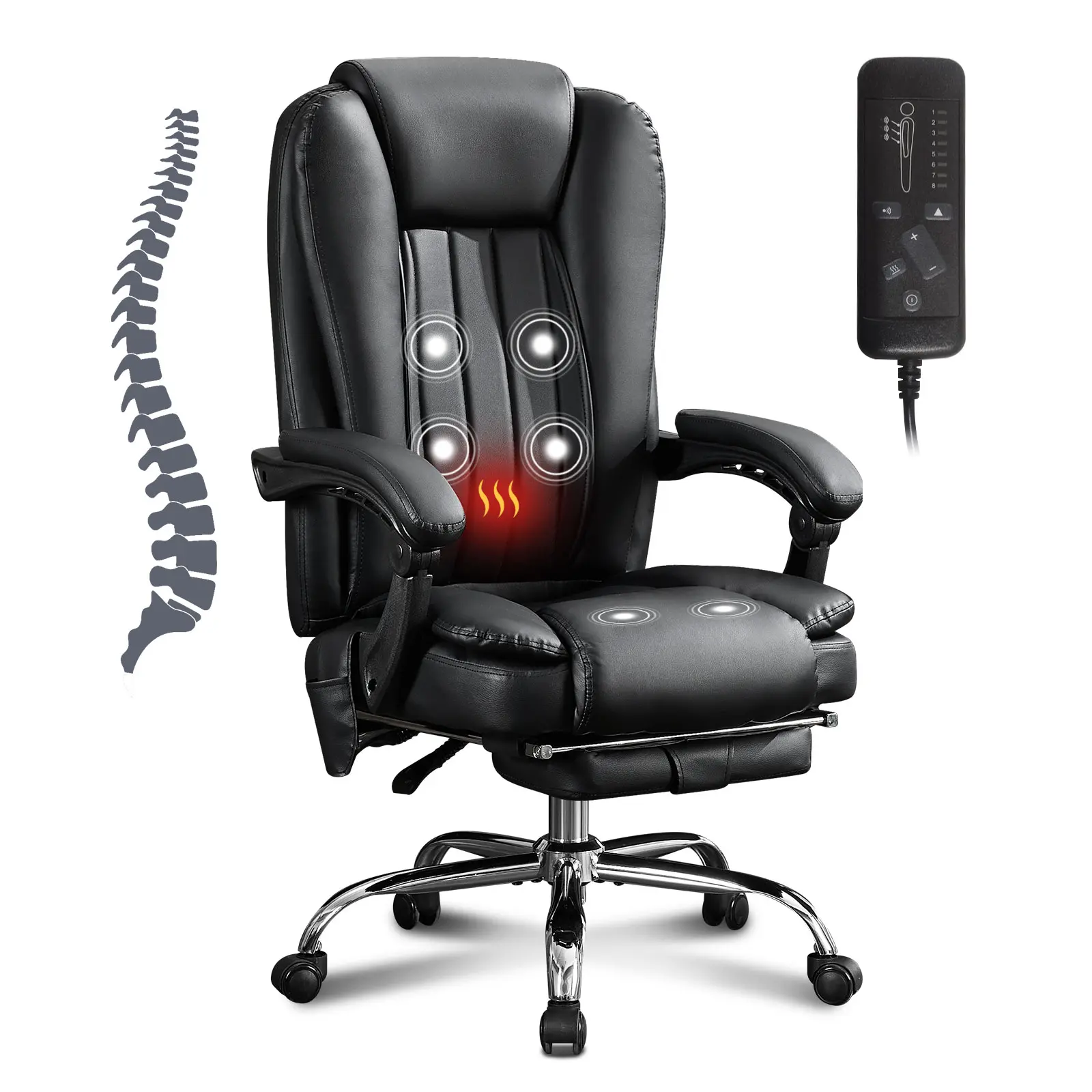 Massage Office Chair with Heat and 6 Vibration Points, Executive Desk Chair with Foot Rest and Padded Armrests, Reclining Backrest 90-135 Degree, upholstered Black Heavy Duty 400 lbs, for Home Office, Black Color Options