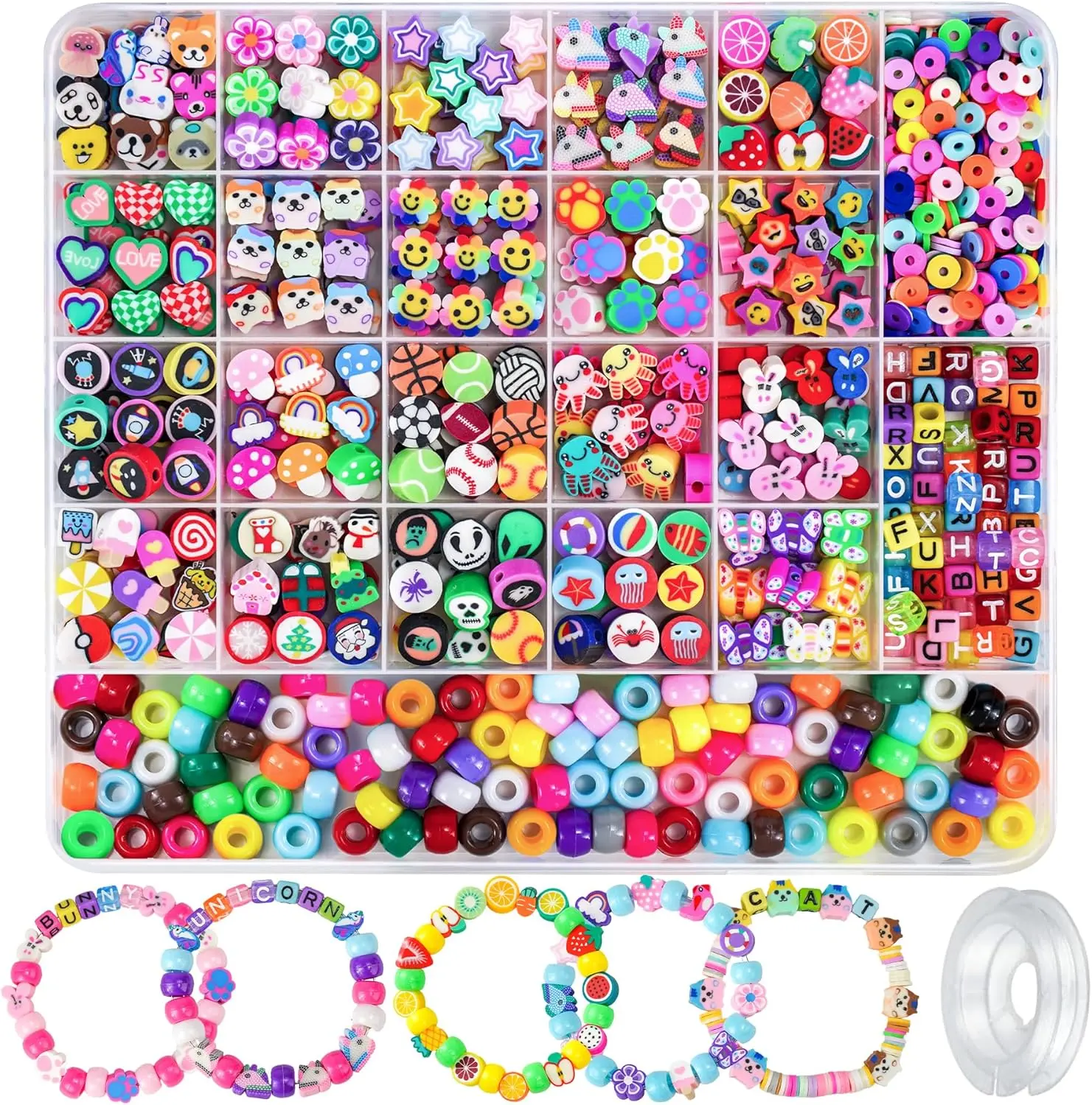 1200 Pcs Polymer Clay Beads Bracelet Making Kit Easter Basket Stuffers, 25 Style Animal Fruit Flower Butterfly Bunny Pony Letter Beads Charms for Jewelry Making, DIY Art and Crafts Toys Gifts