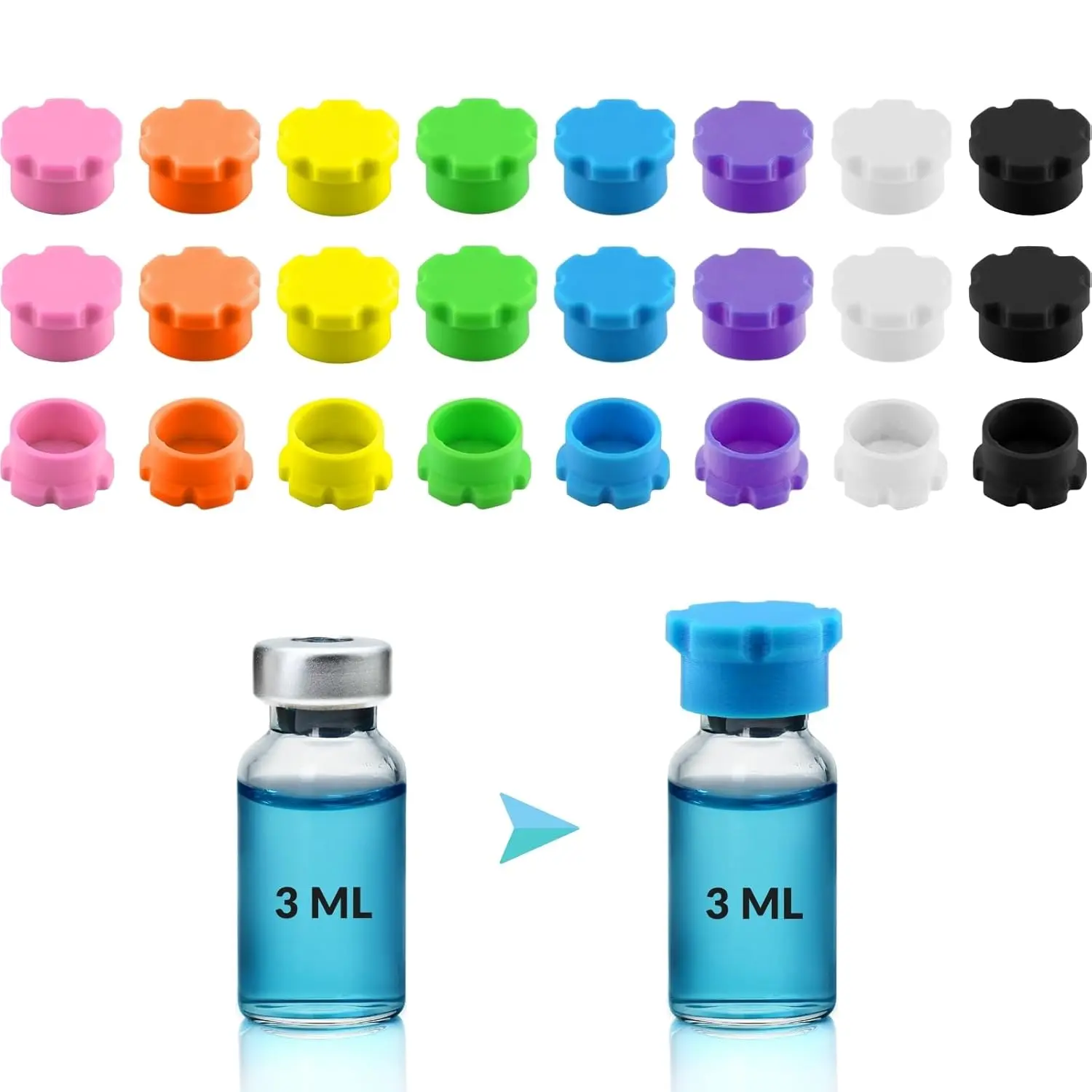 3ml Vial Caps for Peptide Storage, Protective Covers (24Pcs / 8Colors) | Reusable Silicone Protective cap for 1ml 2-3ml/13mm Sterile Glass Vials Fit Peptide...