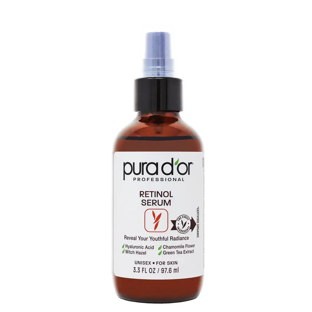 PURA D’OR Retinol Serum 2.5% with Hyaluronic Acid 3.3oz (97.6ml) – Face Serum for Wrinkles, Dark Spots, Fine Lines, Skin Brightening & Firming Skincare for All Skin Types